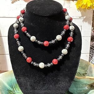 Vintage Monet Multi Color Necklace 34” Reds Gray & Clear Colors